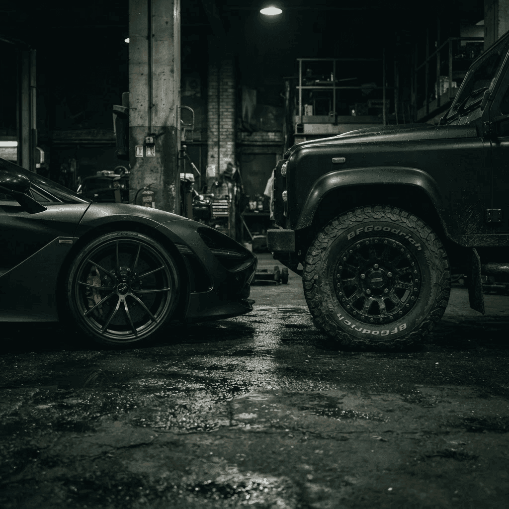 A performance car and a 4x4 parked together in a dim, moody garage, close-up on their tyres and alloy wheels