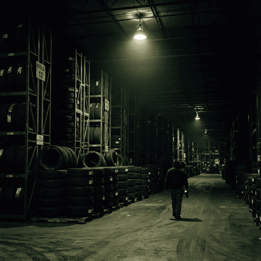 Tall racks of stacked tyres inside a dark tyre warehouse