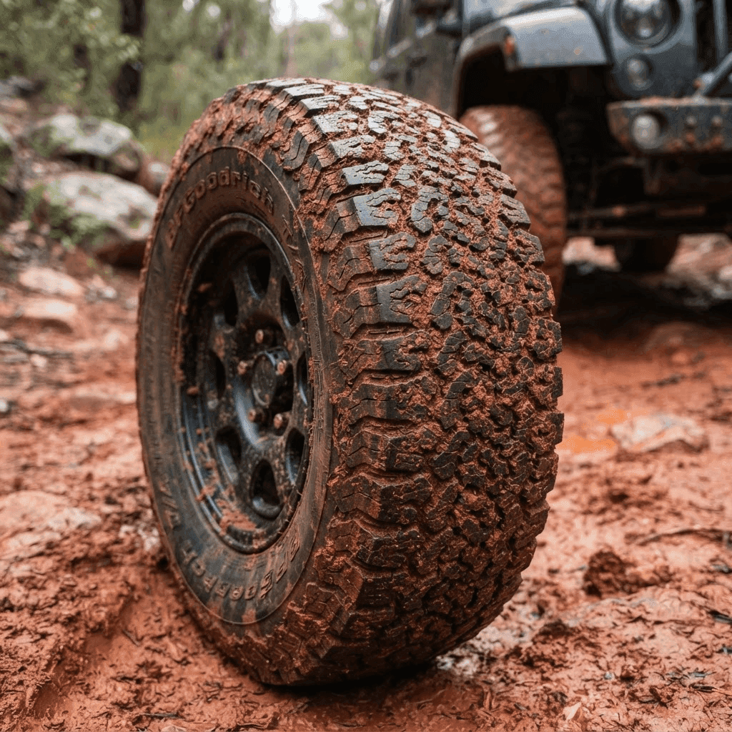 Close-up of a rugged all-terrain 4x4 tyre tread covered in dirt