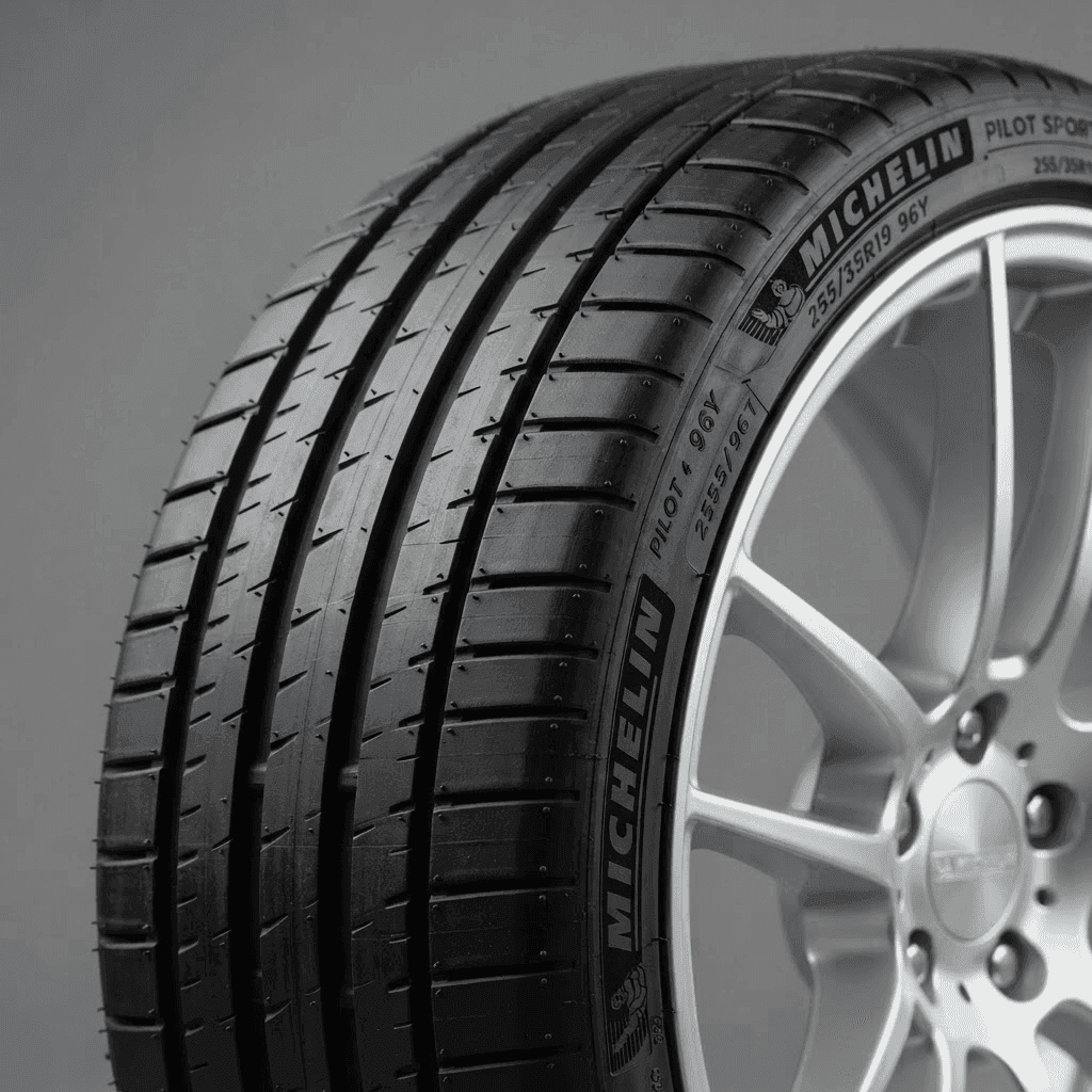 Close-up of a clean passenger car tyre tread and alloy wheel