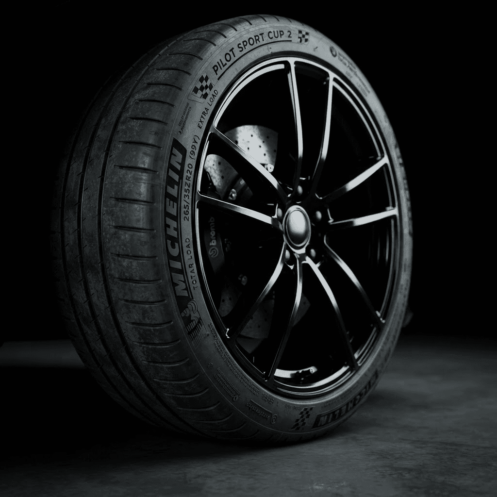 Close-up of an ultra-high-performance tyre on a glossy alloy wheel