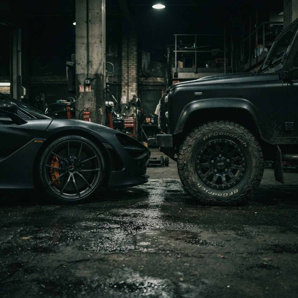 A performance car and a 4x4 parked together in a dim, moody garage, close-up on their tyres and alloy wheels
