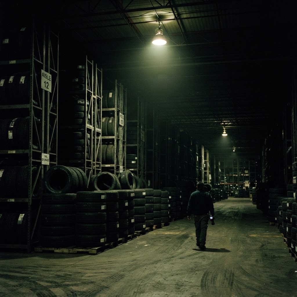 Tall racks of stacked tyres inside a dark tyre warehouse