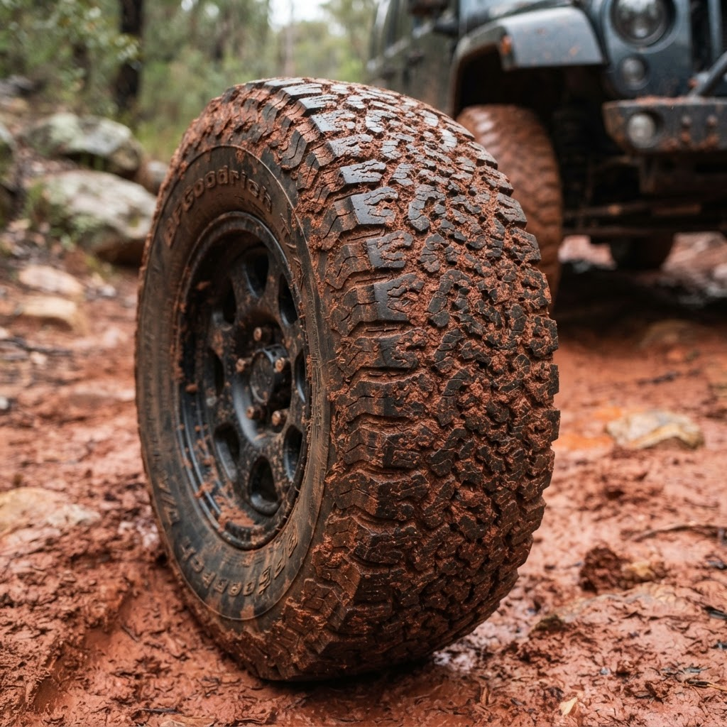 Close-up of a rugged all-terrain 4x4 tyre tread covered in dirt